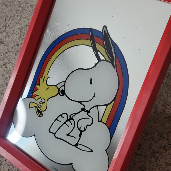 VTG Snoopy Woodstock Kissing Rainbow Cloud Mirror Red Framed Peanuts 1958 1965 - Picture 9 of 15